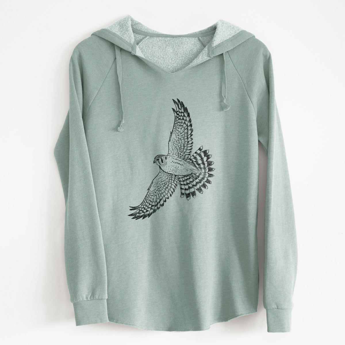 Sage green women's Cali Wave hooded sweatshirt laid flat, printed with a detailed black ink illustration of an American kestrel in flight with its wings raised.
