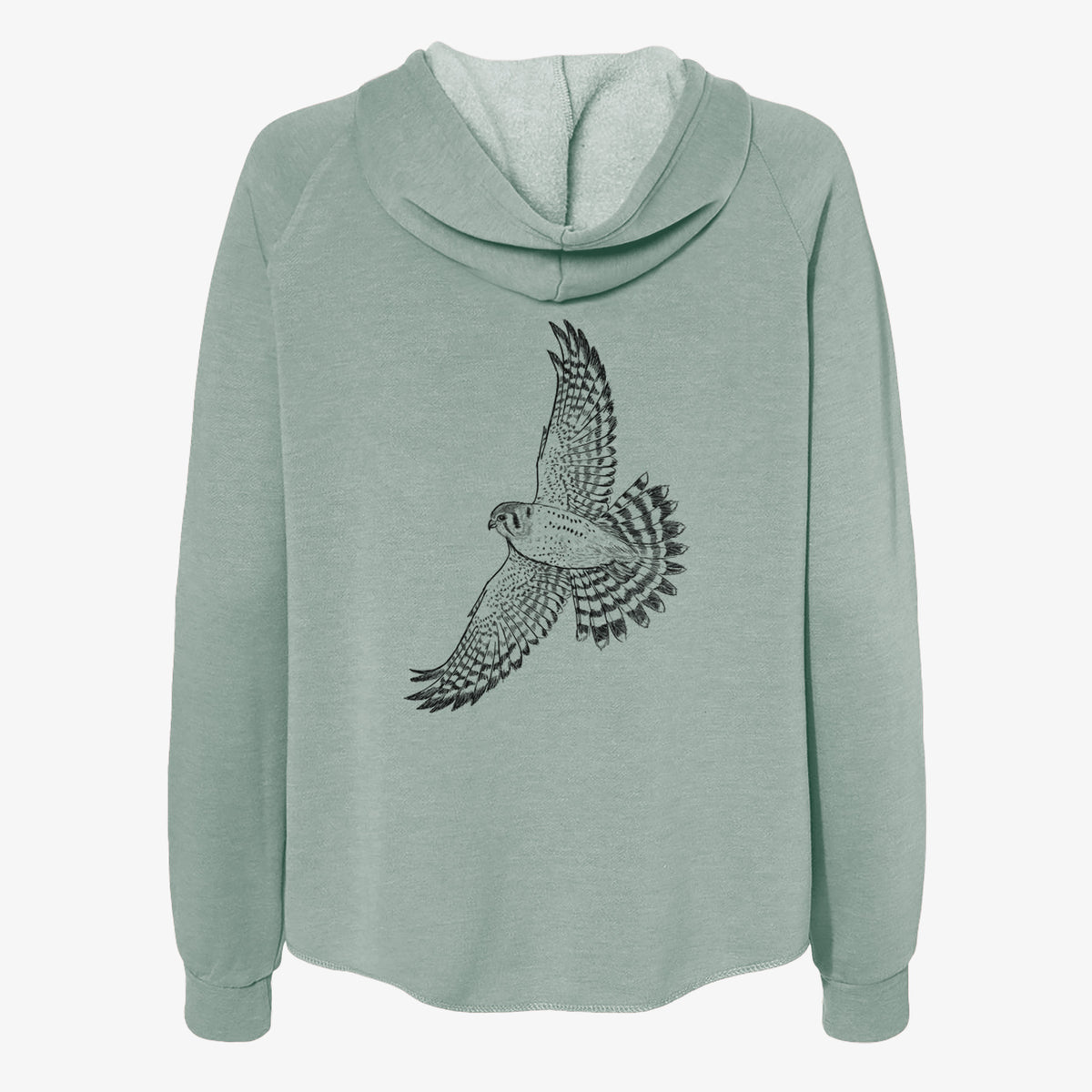 Sage green women's Cali Wave zip-up sweatshirt laid flat, printed with a detailed black ink illustration of an American kestrel in flight with its wings raised.