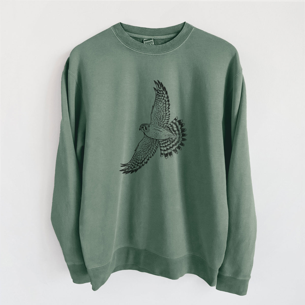 Soaring American Kestrel - Falco sparverius - Unisex Pigment Dyed Crew Sweatshirt in Alpine Green