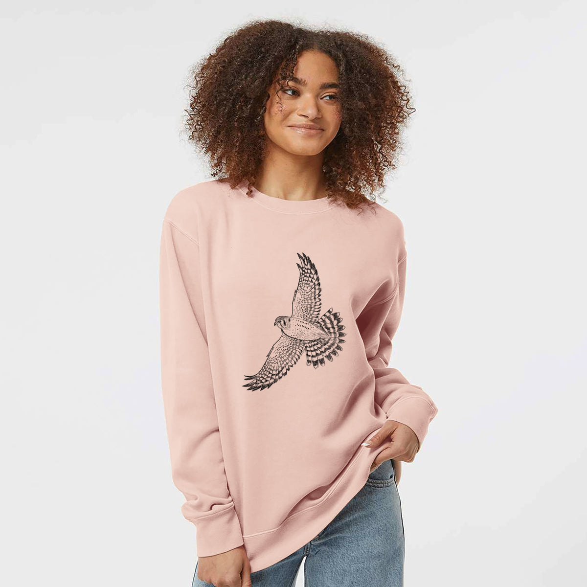 Soaring American Kestrel - Falco sparverius - Unisex Pigment Dyed Crew Sweatshirt in Dusty Pink