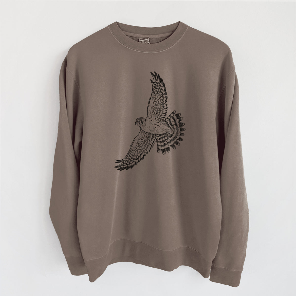 Soaring American Kestrel - Falco sparverius - Unisex Pigment Dyed Crew Sweatshirt in Espresso Brown Color