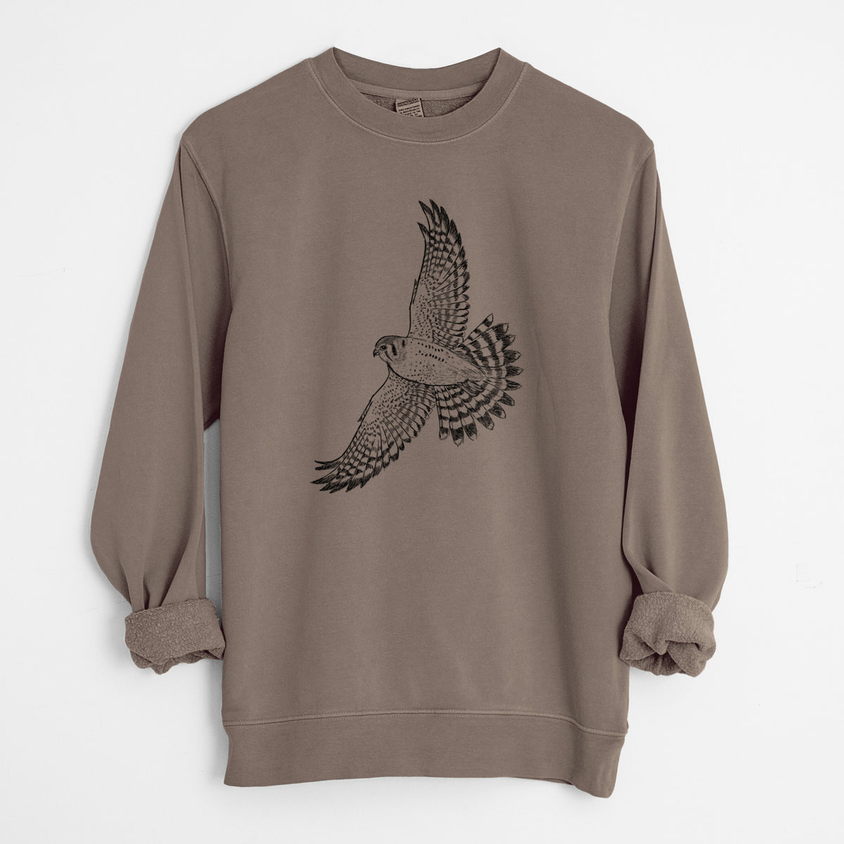 Soaring American Kestrel - Falco sparverius - Unisex Pigment Dyed Crew Sweatshirt in Espresso Brown Color