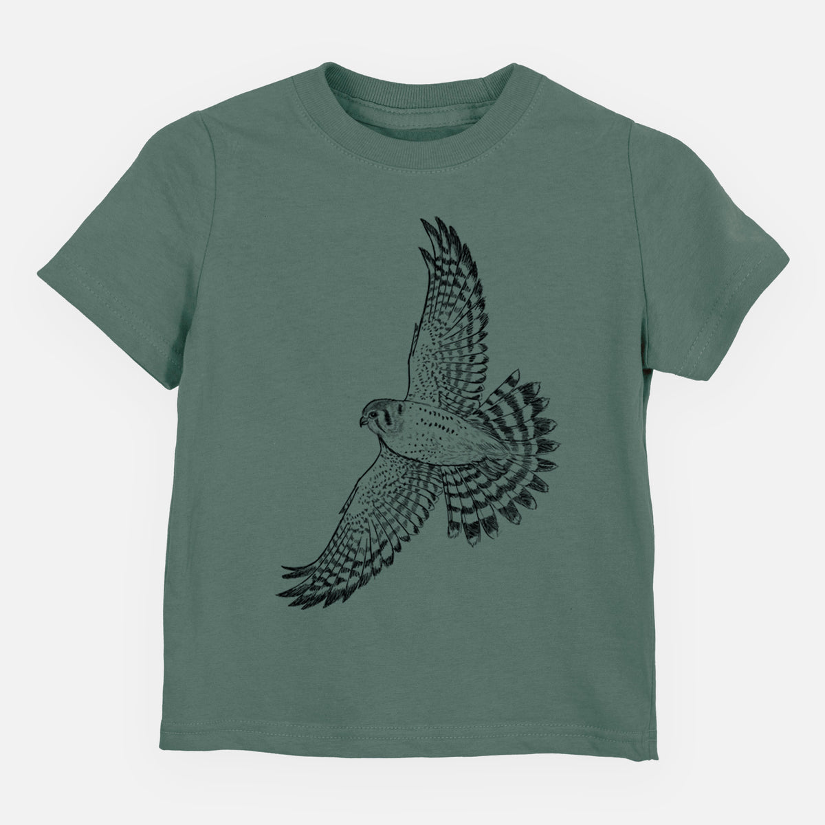 Basil green toddler t-shirt laid flat, printed with a detailed black ink illustration of an American kestrel in flight with its wings raised.