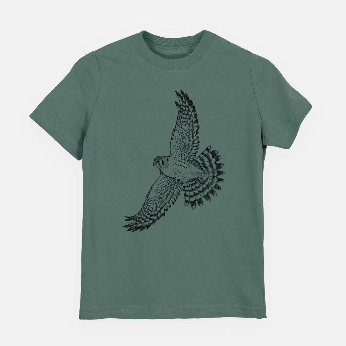 Basil green youth t-shirt laid flat, printed with a detailed black ink illustration of an American kestrel in flight with its wings raised.