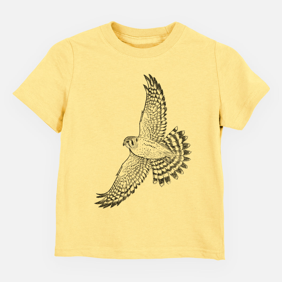 Butter yellow toddler t-shirt laid flat, printed with a detailed black ink illustration of an American kestrel in flight with its wings raised.