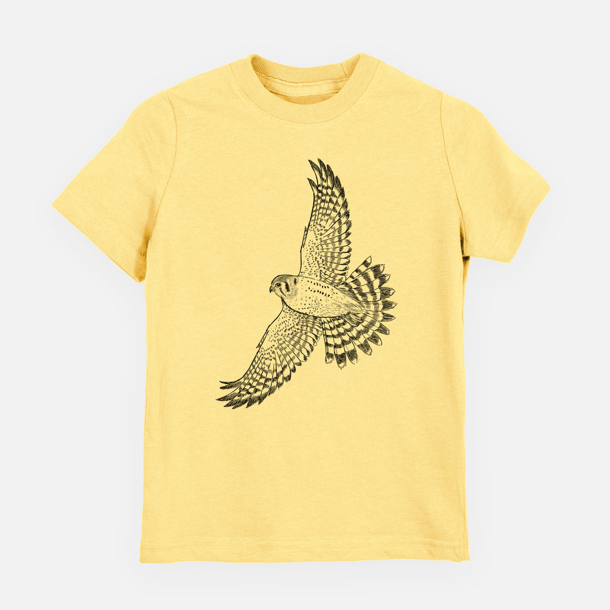 Butter yellow youth t-shirt laid flat, printed with a detailed black ink illustration of an American kestrel in flight with its wings raised.