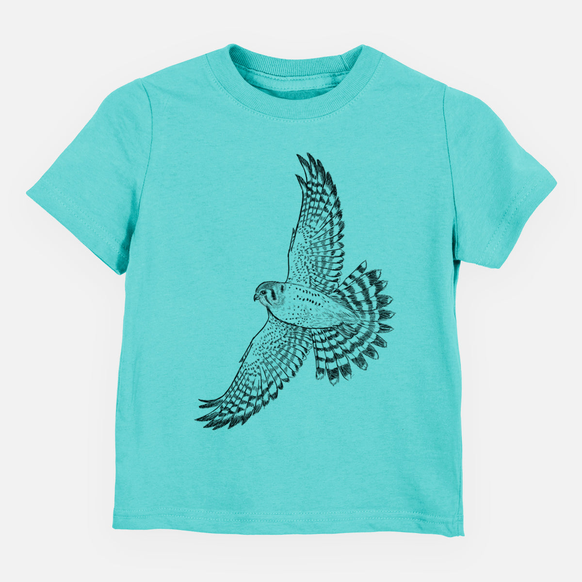 Caribbean blue toddler t-shirt laid flat, printed with a detailed black ink illustration of an American kestrel in flight with its wings raised.