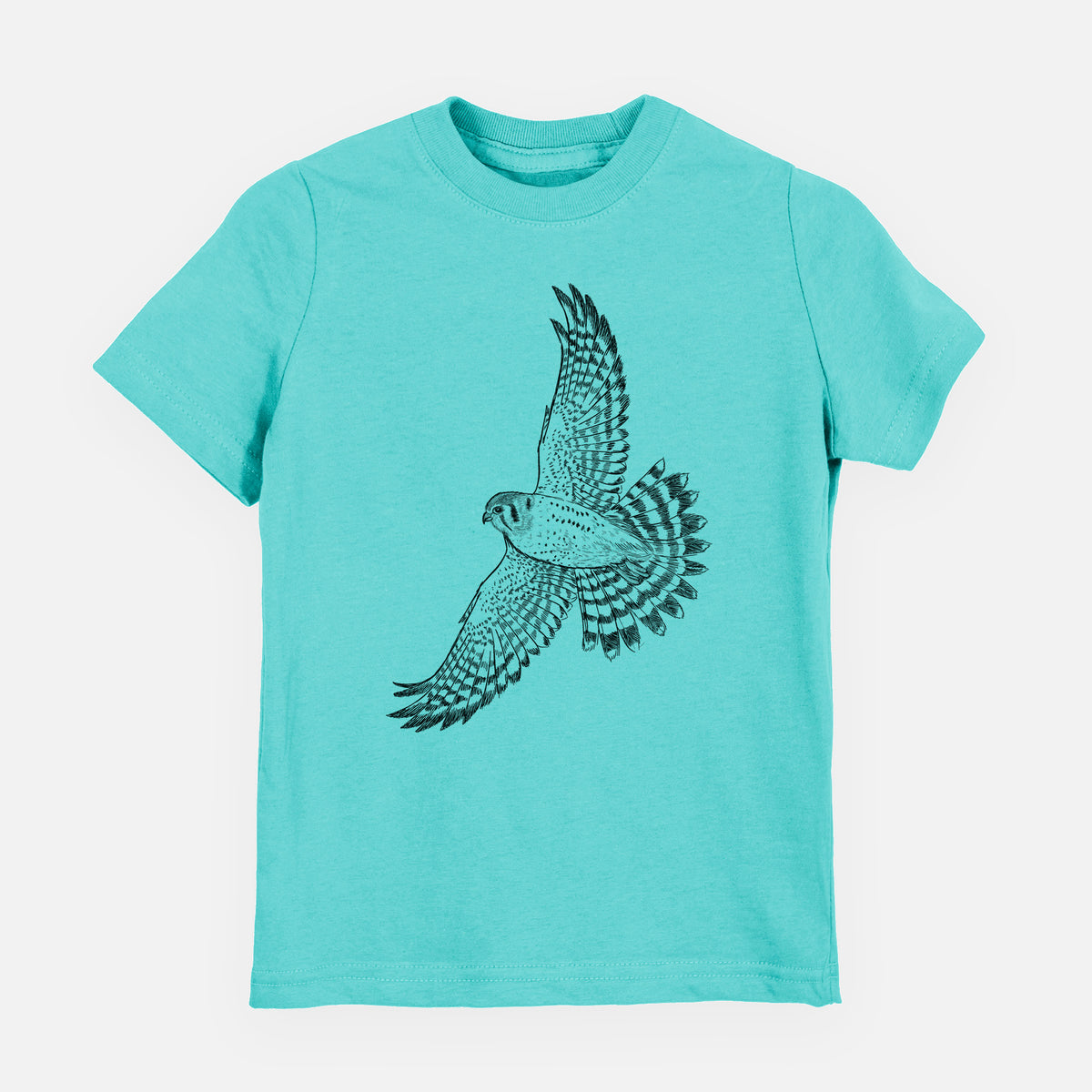 Caribbean blue youth t-shirt laid flat, printed with a detailed black ink illustration of an American kestrel in flight with its wings raised.