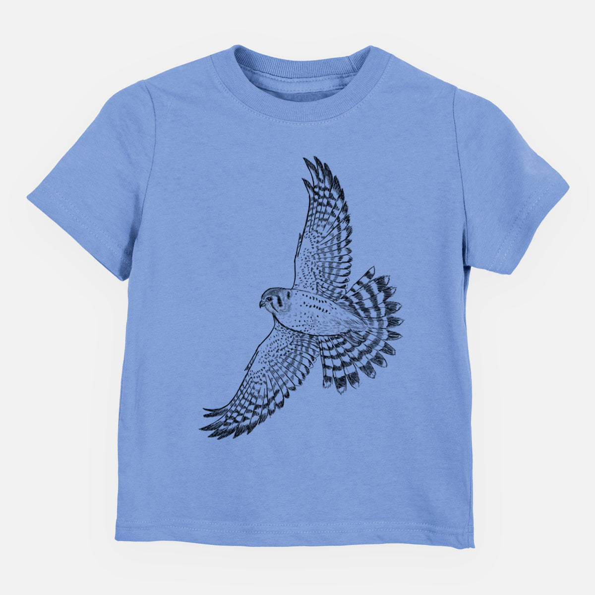 Carolina blue toddler t-shirt laid flat, printed with a detailed black ink illustration of an American kestrel in flight with its wings raised.