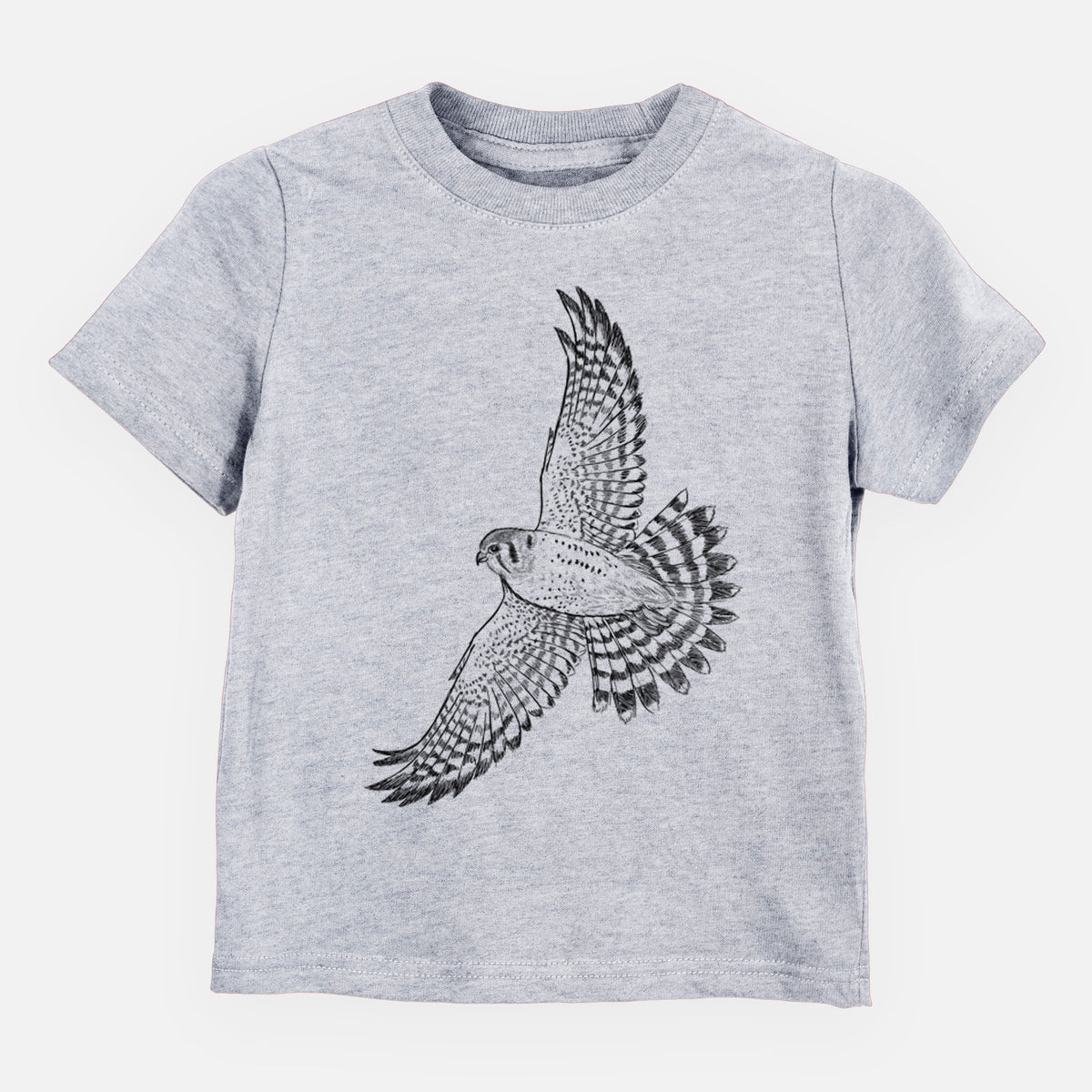 Heather grey toddler t-shirt laid flat, printed with a detailed black ink illustration of an American kestrel in flight with its wings raised.