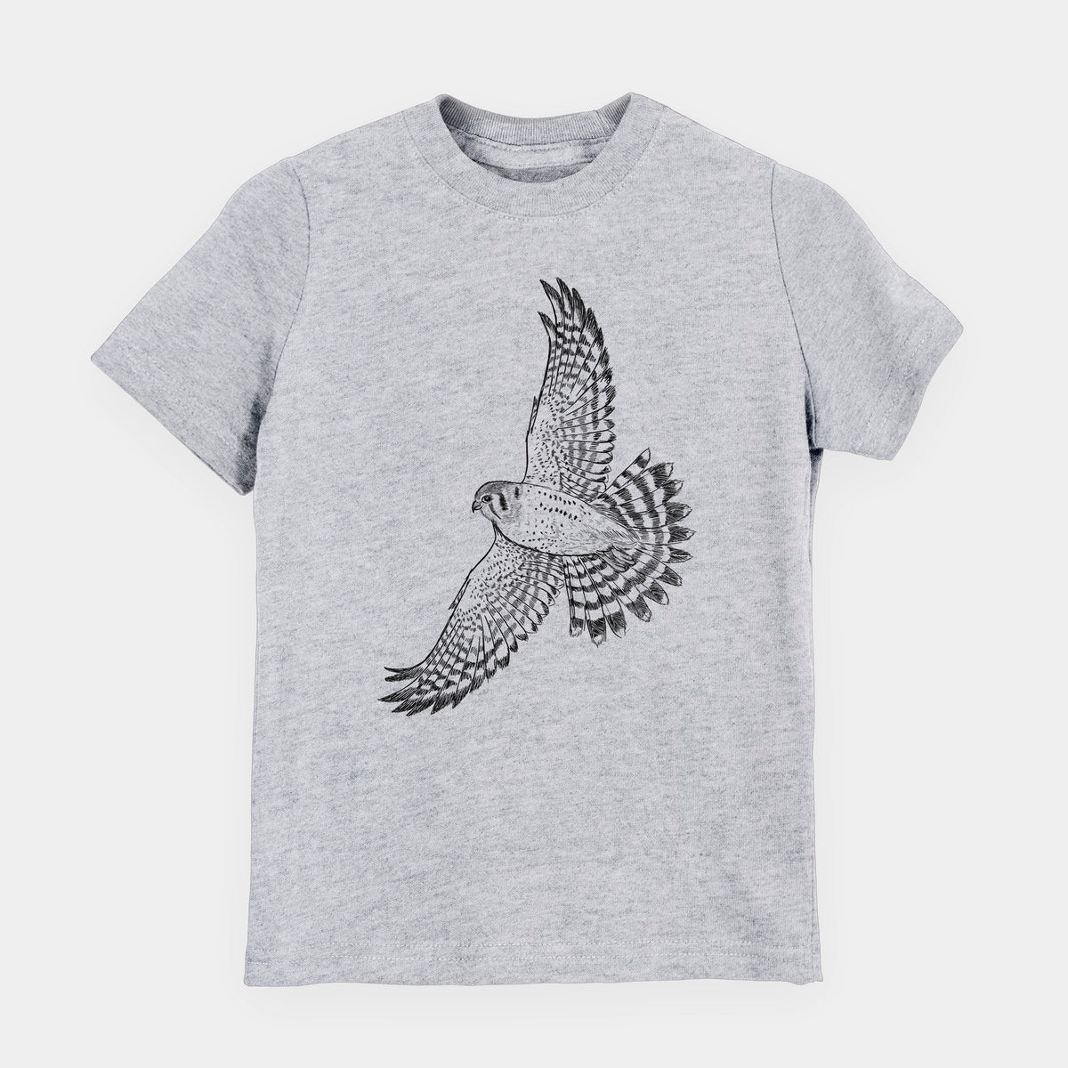 Heather grey youth t-shirt laid flat, printed with a detailed black ink illustration of an American kestrel in flight with its wings raised.