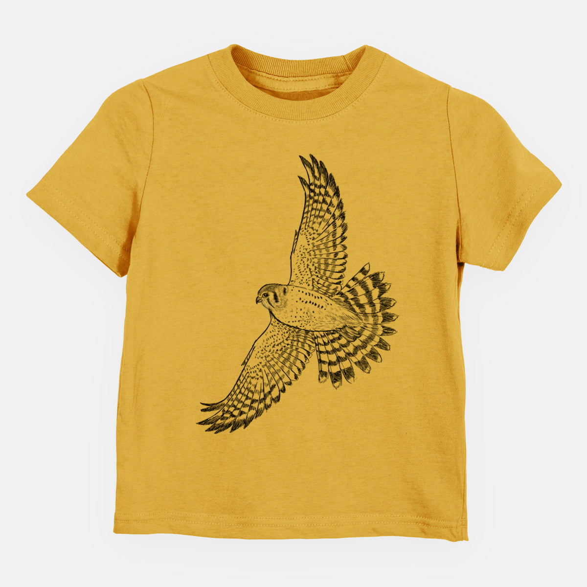 Honeycomb yellow toddler t-shirt laid flat, printed with a detailed black ink illustration of an American kestrel in flight with its wings raised.