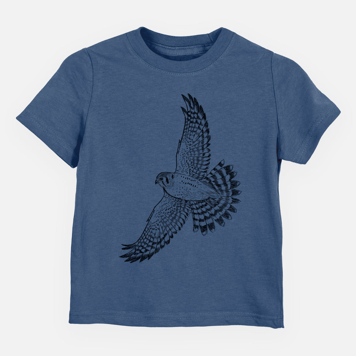 Indigo blue toddler t-shirt laid flat, printed with a detailed black ink illustration of an American kestrel in flight with its wings raised.