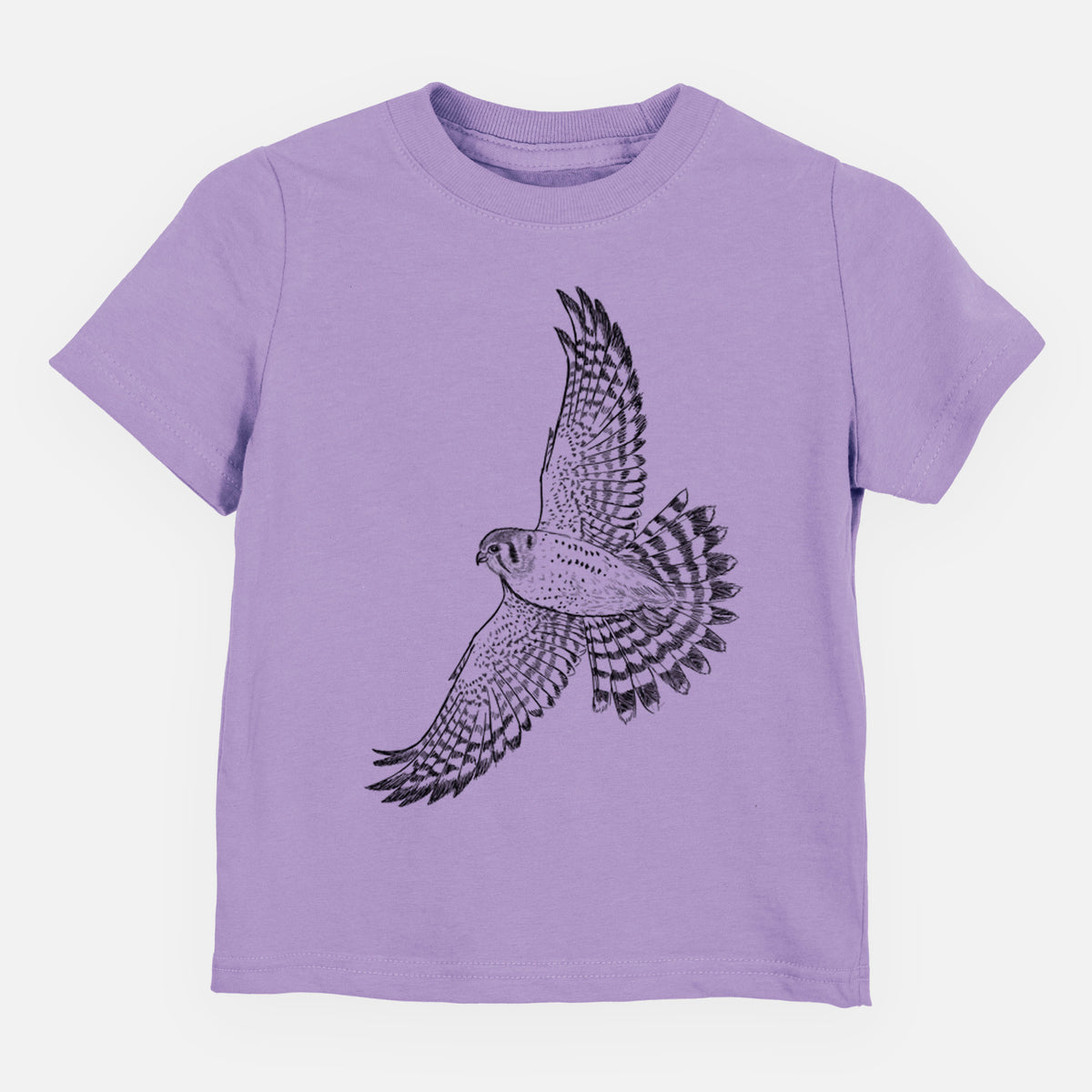 Lavender toddler t-shirt laid flat, printed with a detailed black ink illustration of an American kestrel in flight with its wings raised.