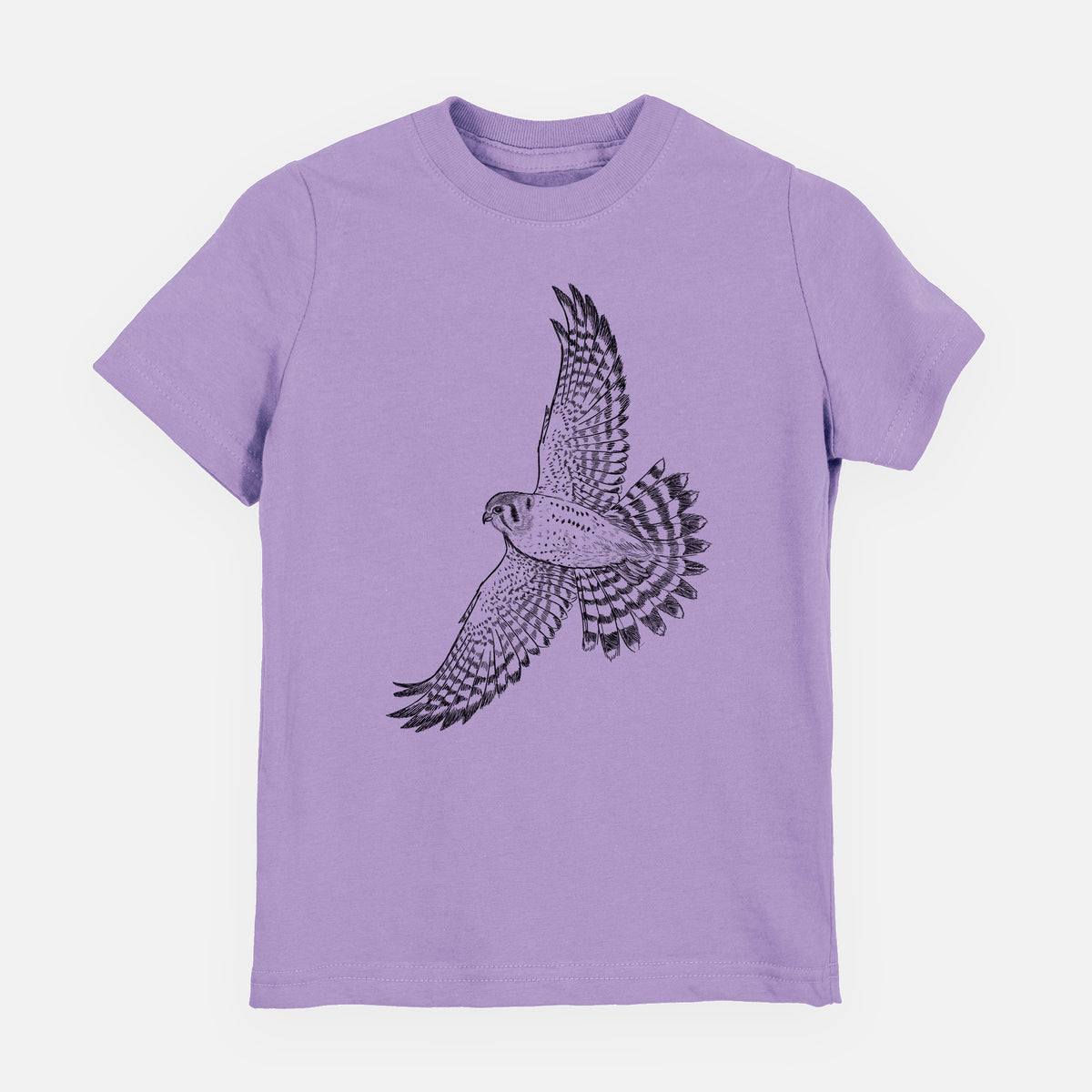 Lavender youth t-shirt laid flat, printed with a detailed black ink illustration of an American kestrel in flight with its wings raised.