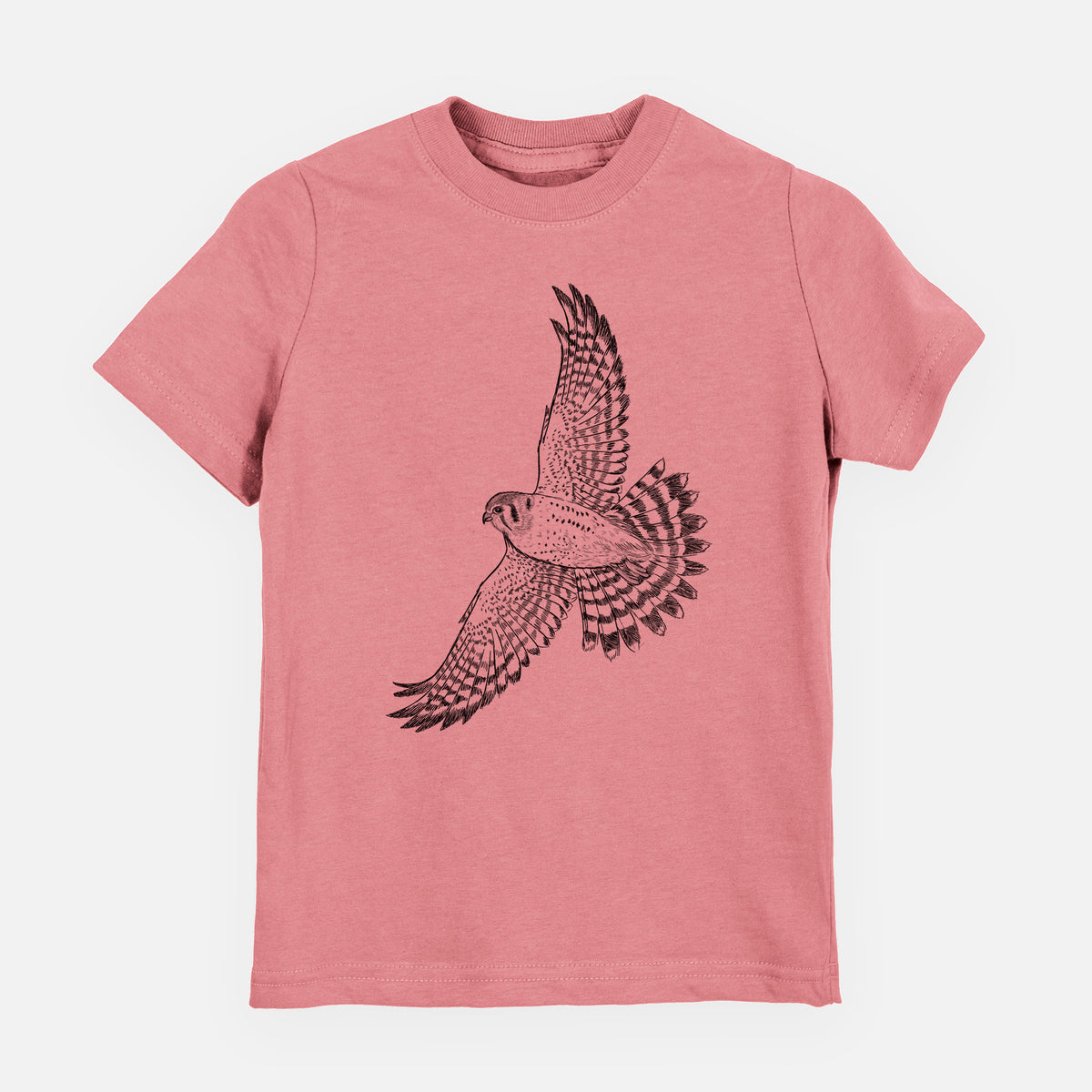 Mauve pink youth t-shirt laid flat, printed with a detailed black ink illustration of an American kestrel in flight with its wings raised.