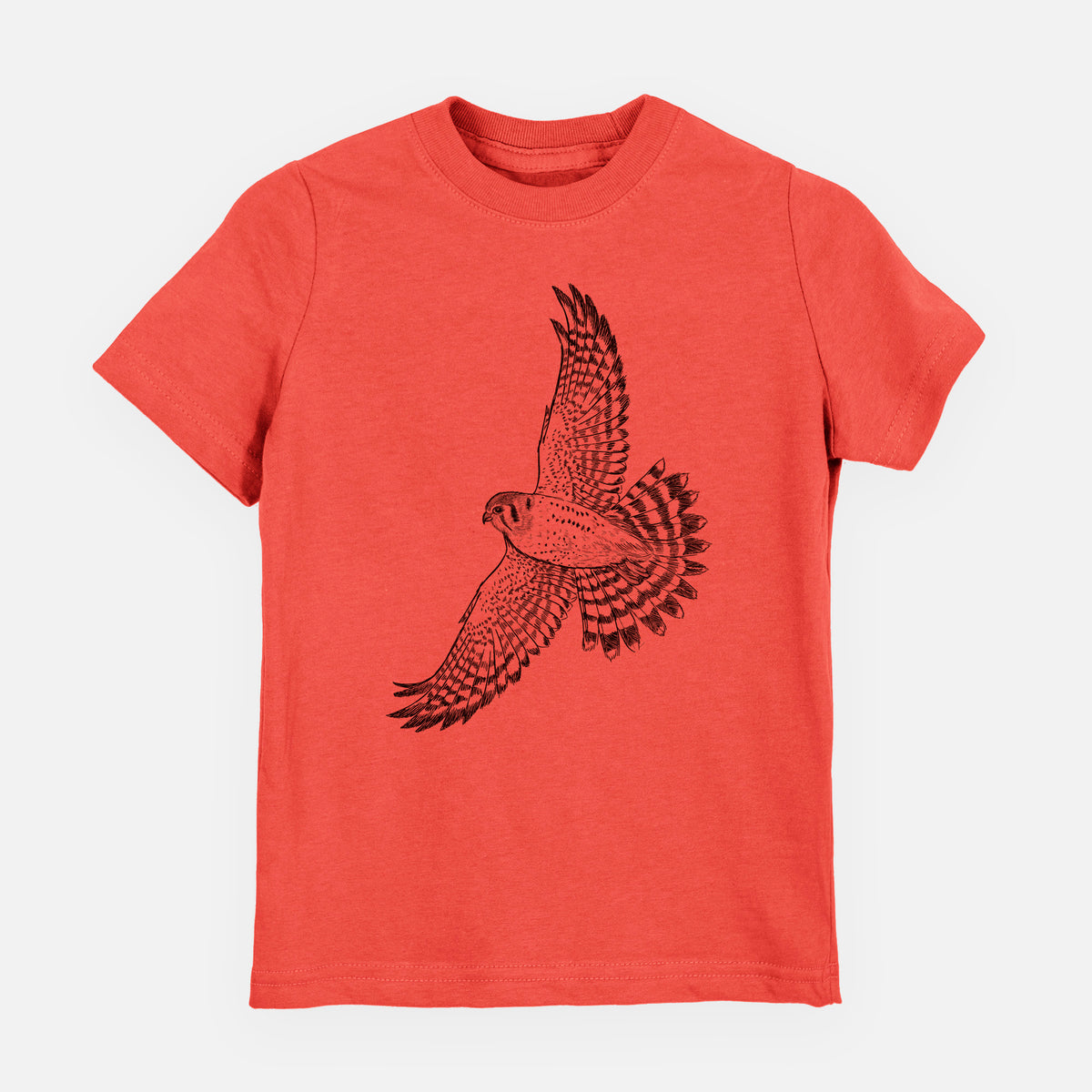 Passionfruit pink youth t-shirt laid flat, printed with a detailed black ink illustration of an American kestrel in flight with its wings raised.