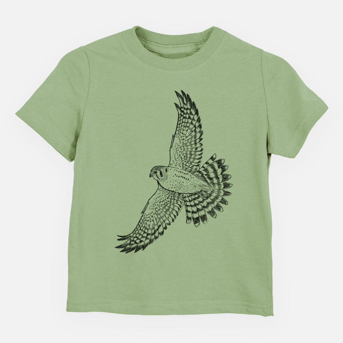 Sage green toddler t-shirt laid flat, printed with a detailed black ink illustration of an American kestrel in flight with its wings raised.