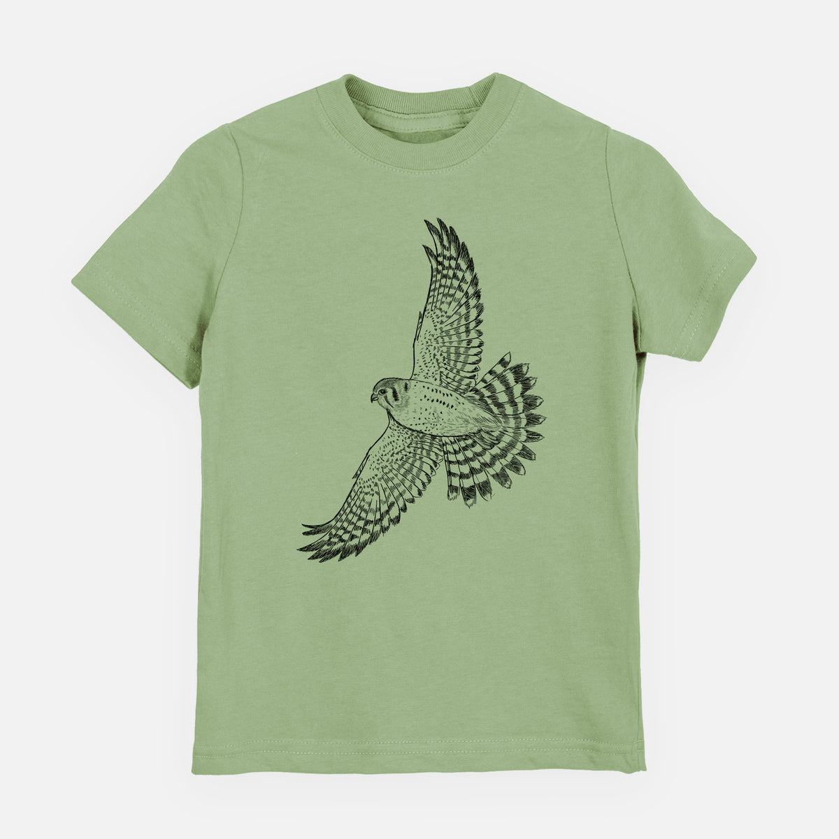 Sage green youth t-shirt laid flat, printed with a detailed black ink illustration of an American kestrel in flight with its wings raised.