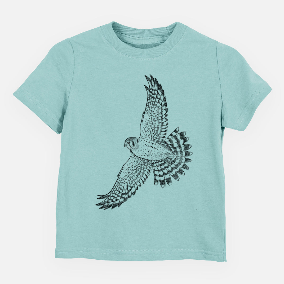 Saltwater toddler t-shirt laid flat, printed with a detailed black ink illustration of an American kestrel in flight with its wings raised.