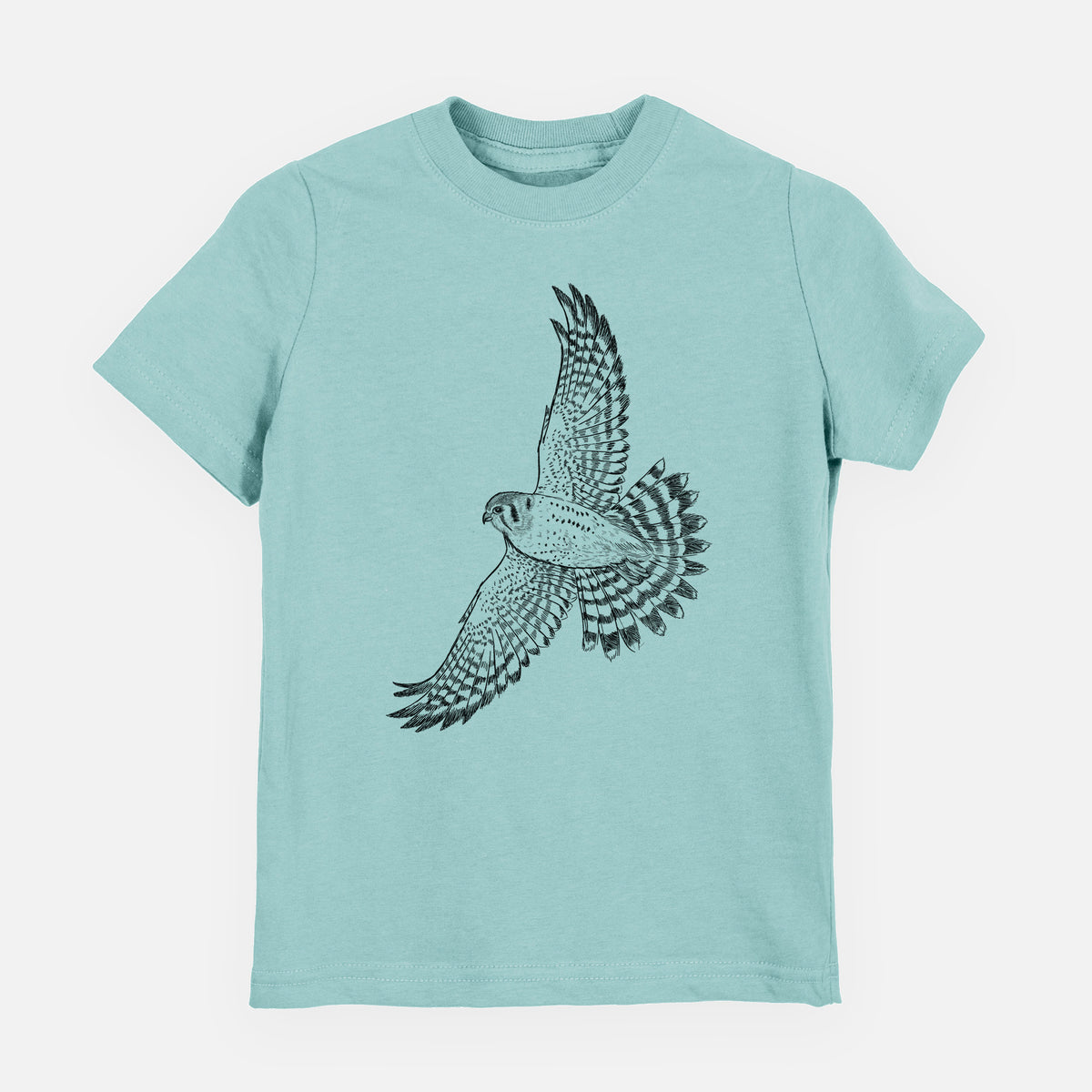 Saltwater youth t-shirt laid flat, printed with a detailed black ink illustration of an American kestrel in flight with its wings raised.