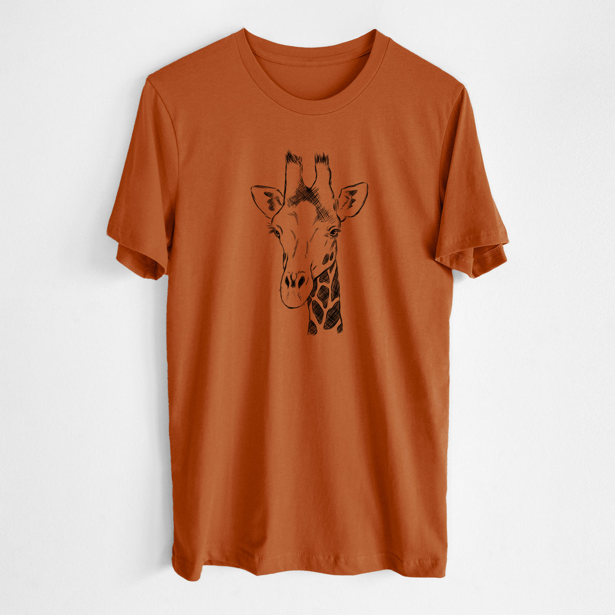 Autumn lightweight cotton t-shirt laid flat, printed with a black ink portrait of a southern giraffe's head and neck.