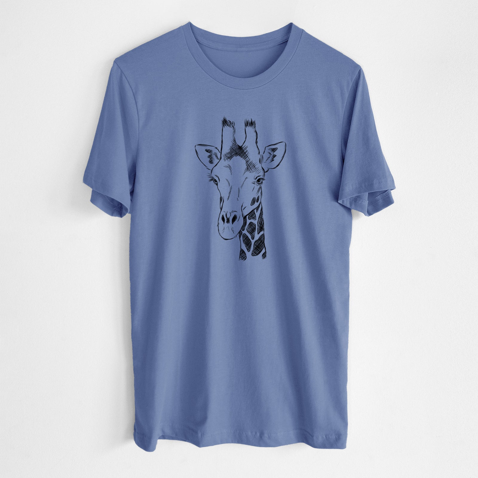 Blue bell lightweight cotton t-shirt laid flat, printed with a black ink portrait of a southern giraffe's head and neck.