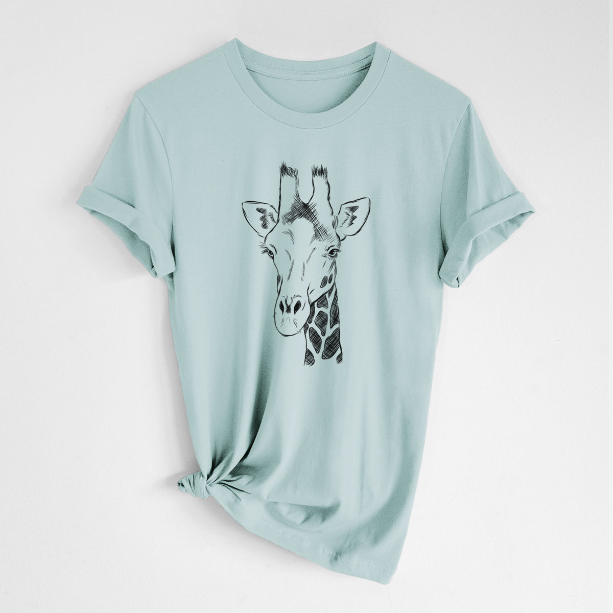 Dusty blue lightweight cotton t-shirt laid flat with the sleeves rolled, printed with a black ink portrait of a southern giraffe's head and neck.