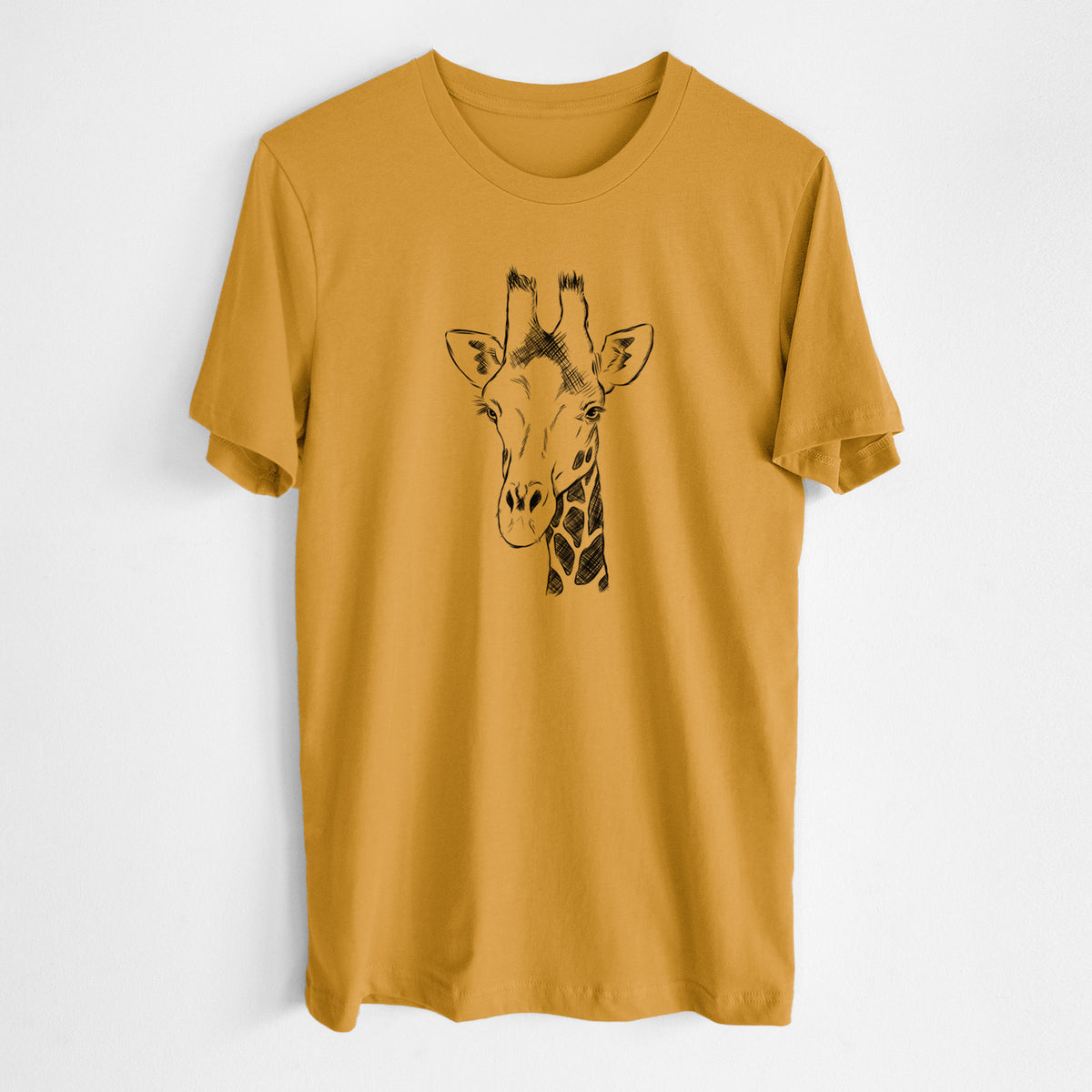 Honeycomb yellow lightweight cotton t-shirt laid flat, printed with a black ink portrait of a southern giraffe's head and neck.