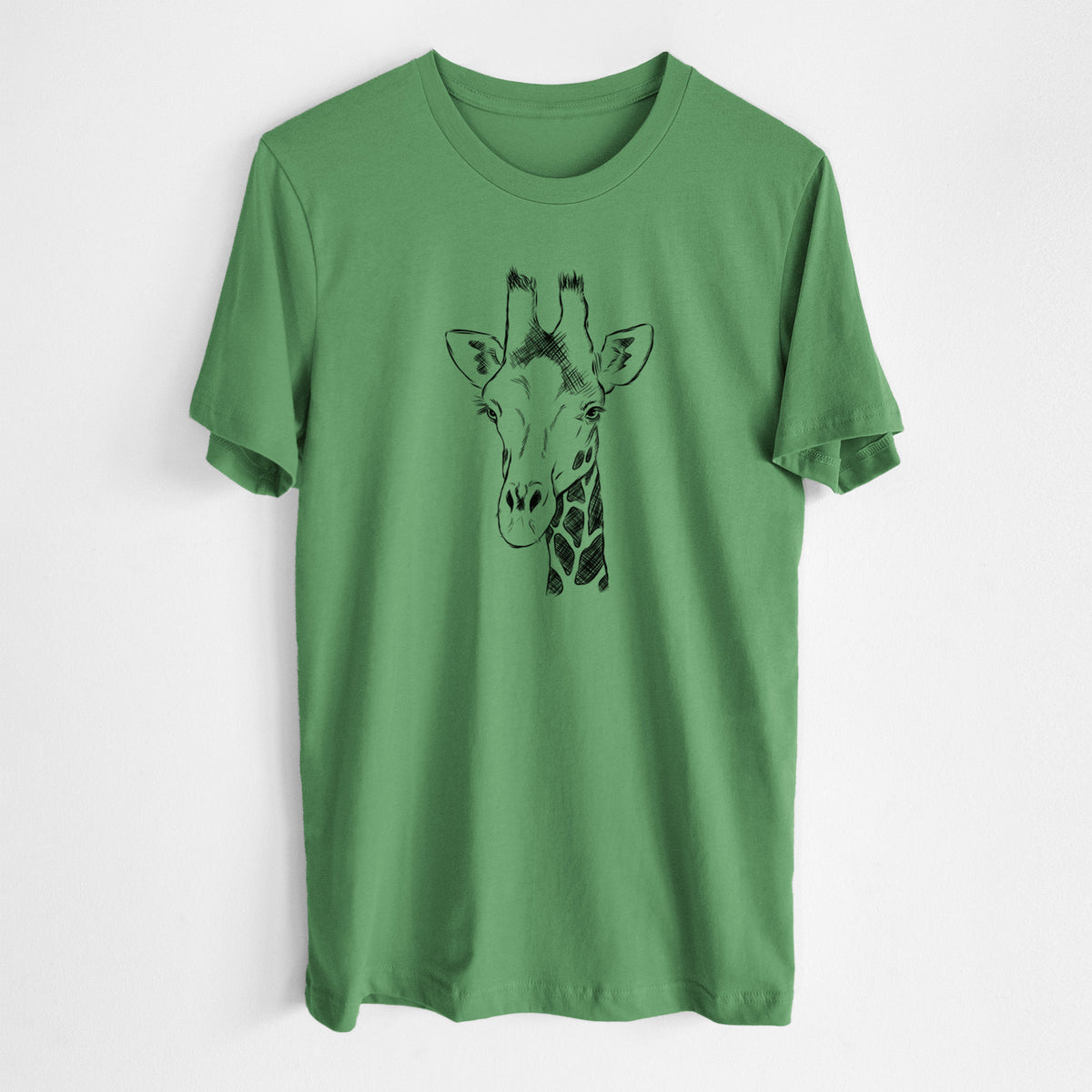 Leaf green lightweight cotton t-shirt laid flat, printed with a black ink portrait of a southern giraffe's head and neck.