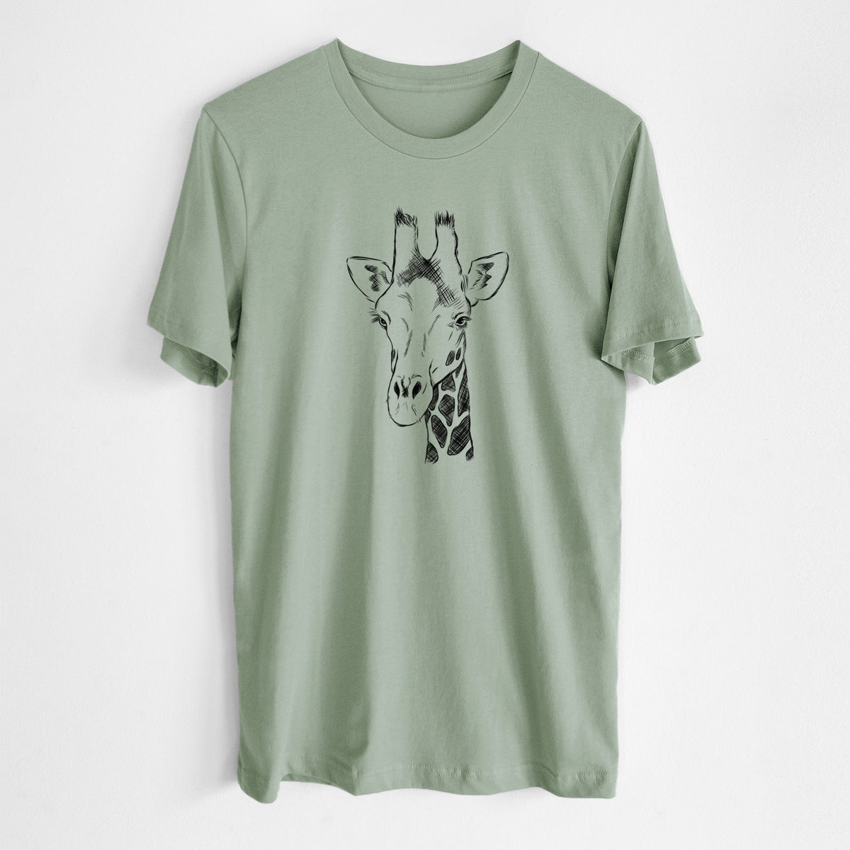 Sage green lightweight cotton t-shirt laid flat, printed with a black ink portrait of a southern giraffe's head and neck.
