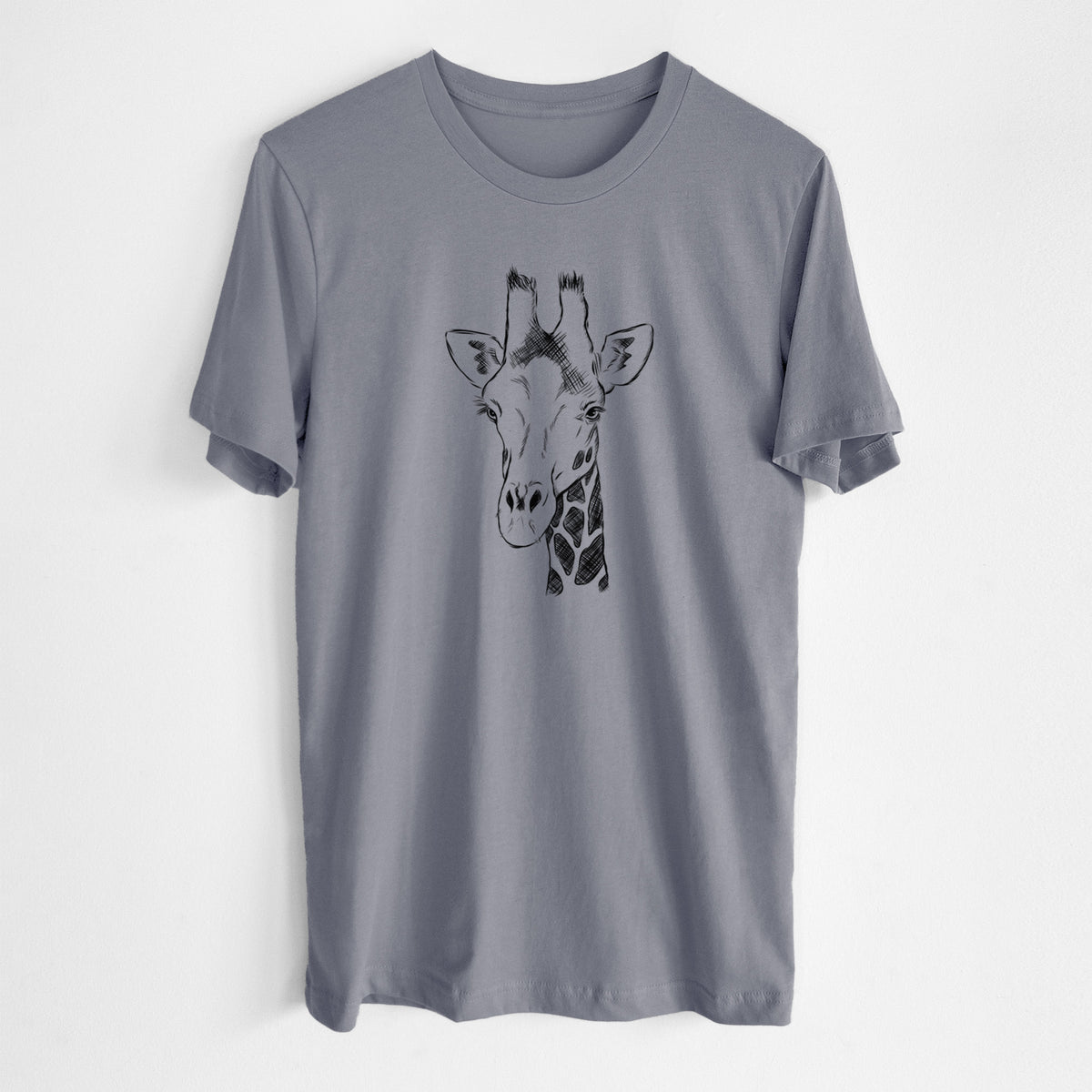 Storm grey lightweight cotton t-shirt laid flat, printed with a black ink portrait of a southern giraffe's head and neck.