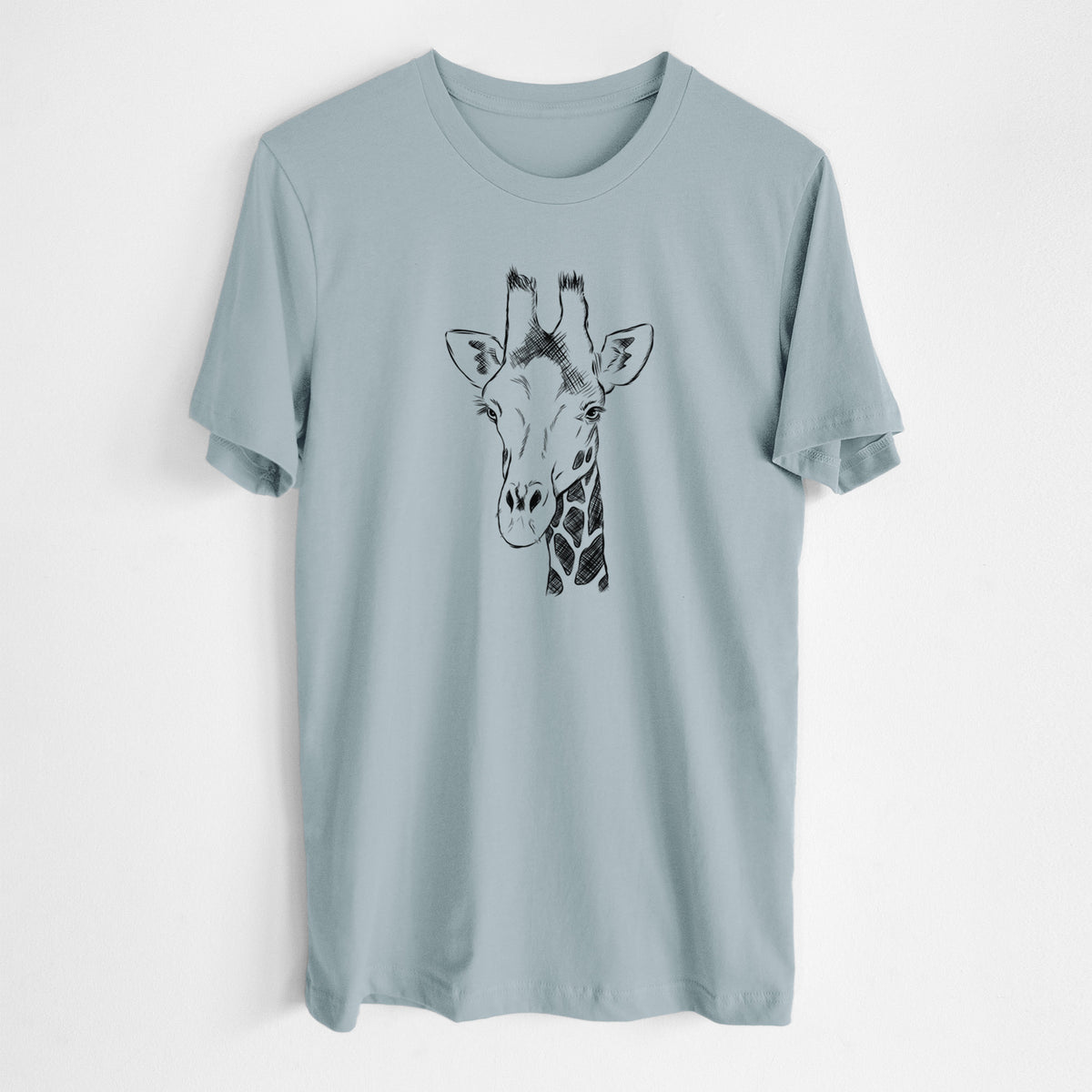 Vintage denim lightweight cotton t-shirt laid flat, printed with a black ink portrait of a southern giraffe's head and neck.