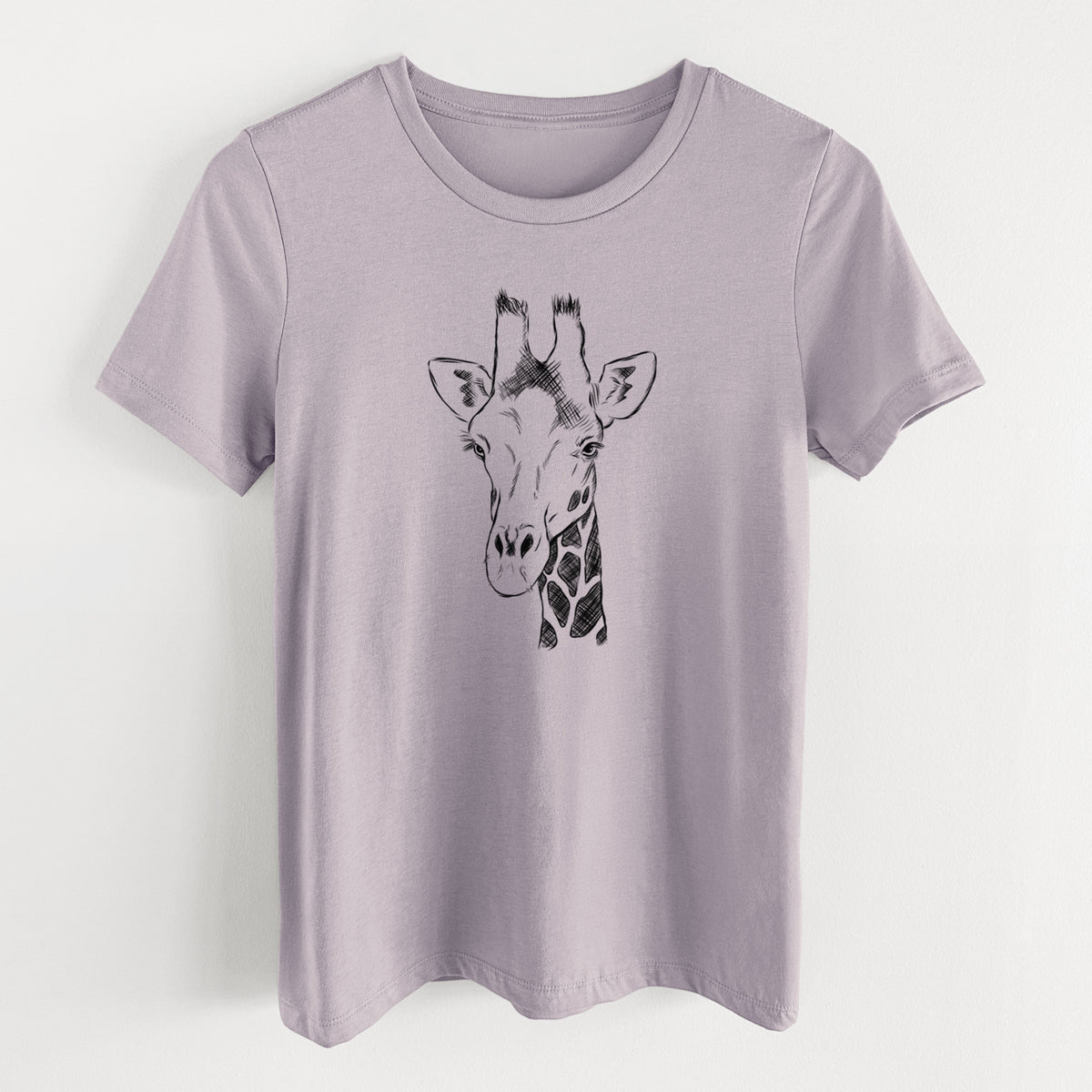 Light violet women's relaxed fit cotton t-shirt laid flat, printed with a black ink portrait of a southern giraffe's head and neck.