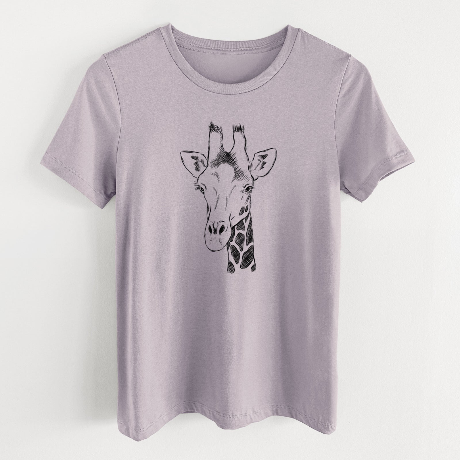 Light violet women's relaxed fit cotton t-shirt laid flat, printed with a black ink portrait of a southern giraffe's head and neck.