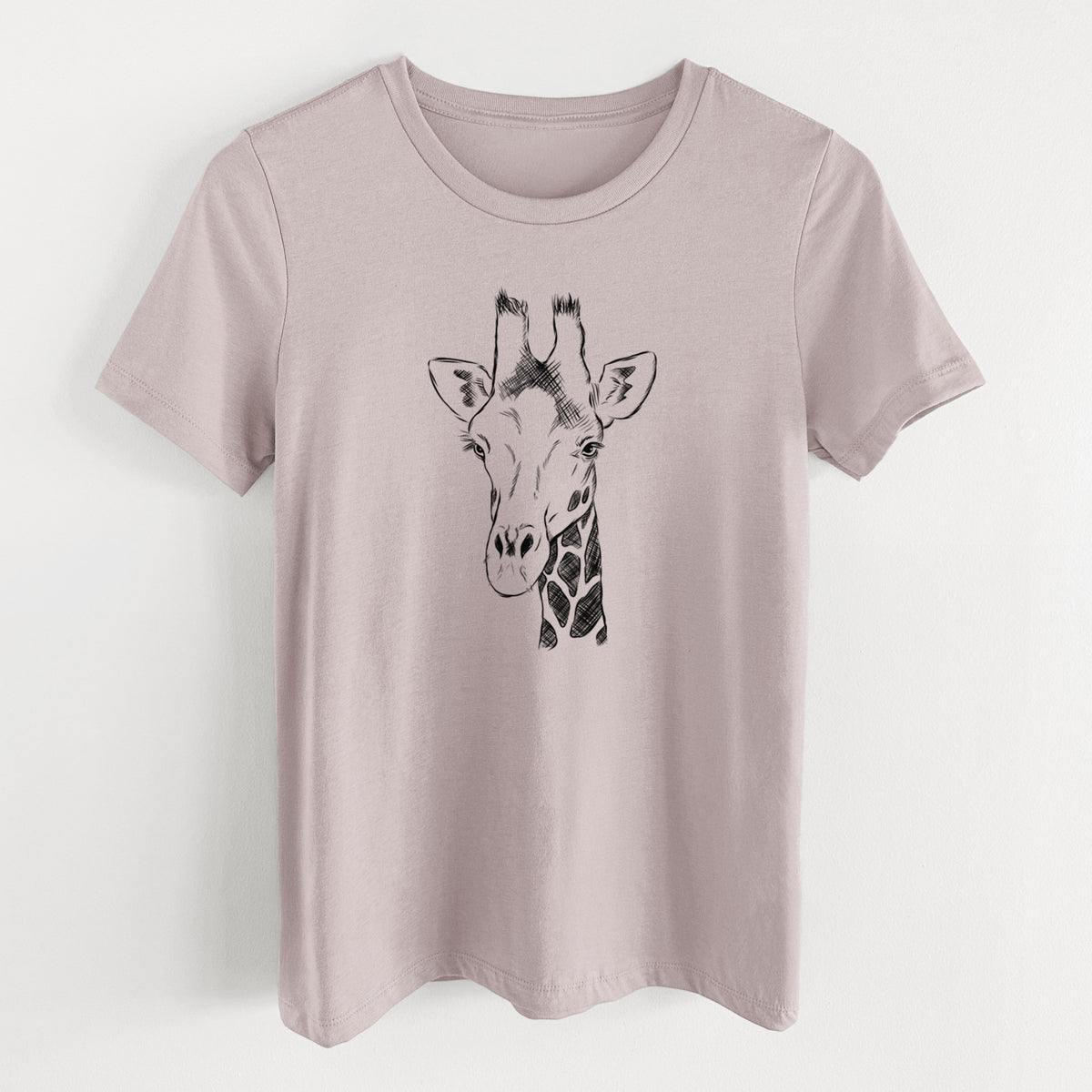 Pink gravel women's relaxed fit cotton t-shirt laid flat, printed with a black ink portrait of a southern giraffe's head and neck.