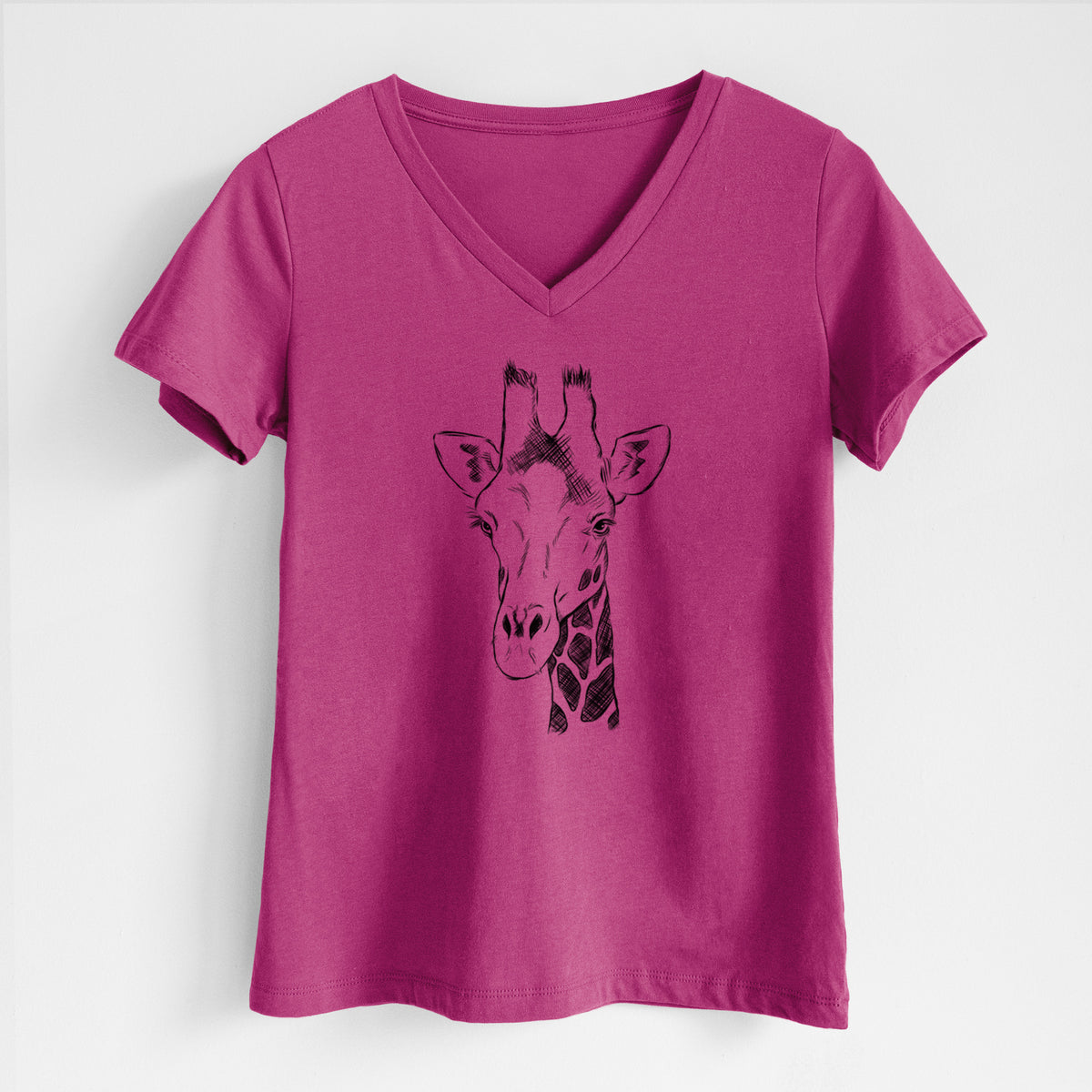 Berry pink women's relaxed fit cotton V-neck t-shirt laid flat, printed with a black ink portrait of a southern giraffe's head and neck.