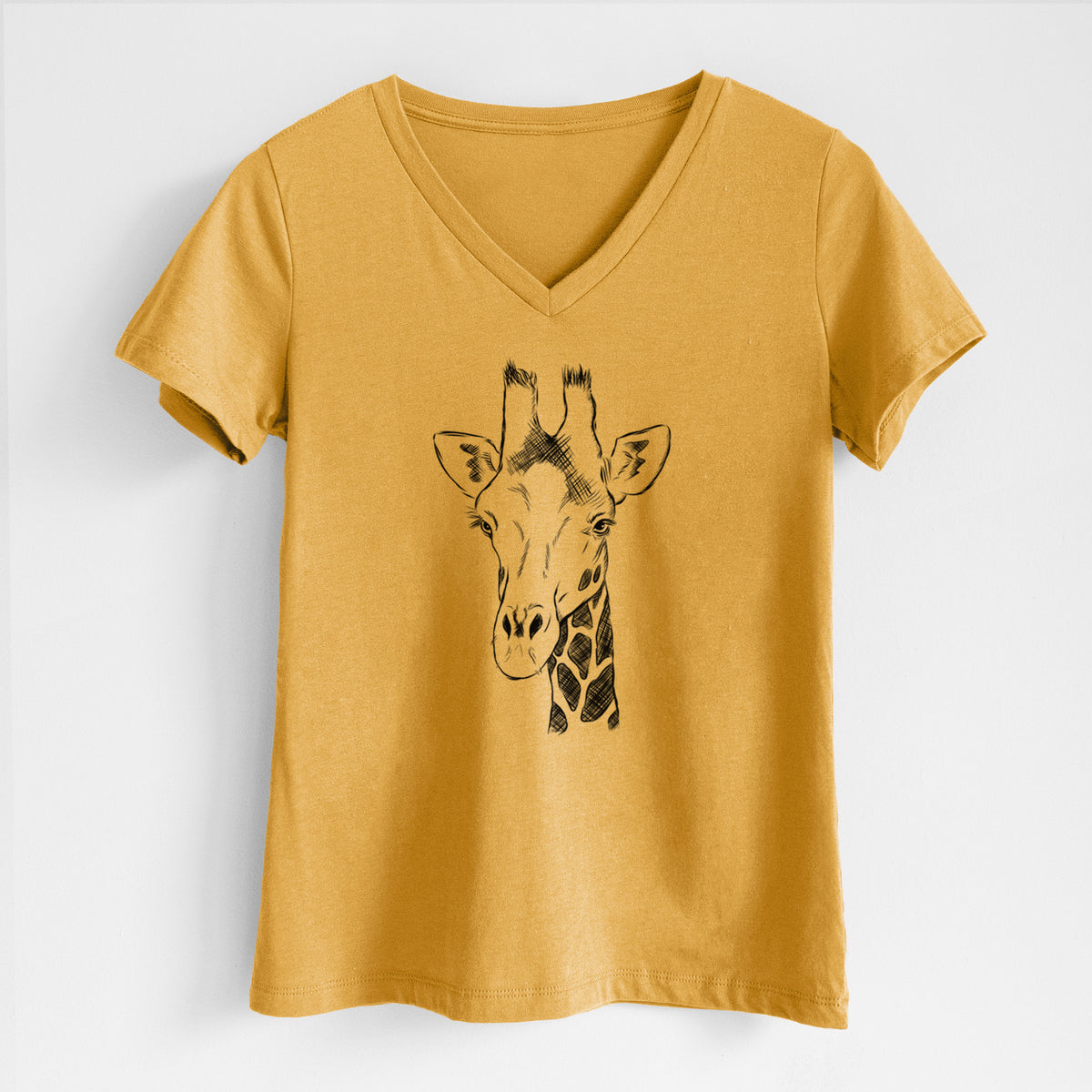 Honeycomb yellow women's relaxed fit cotton V-neck t-shirt laid flat, printed with a black ink portrait of a southern giraffe's head and neck.