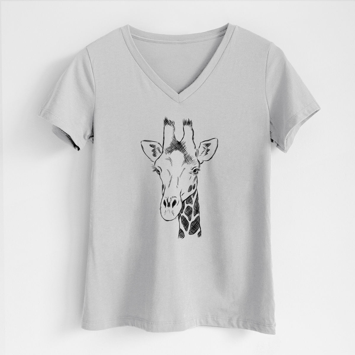 Lunar grey women's relaxed fit cotton V-neck t-shirt laid flat, printed with a black ink portrait of a southern giraffe's head and neck.