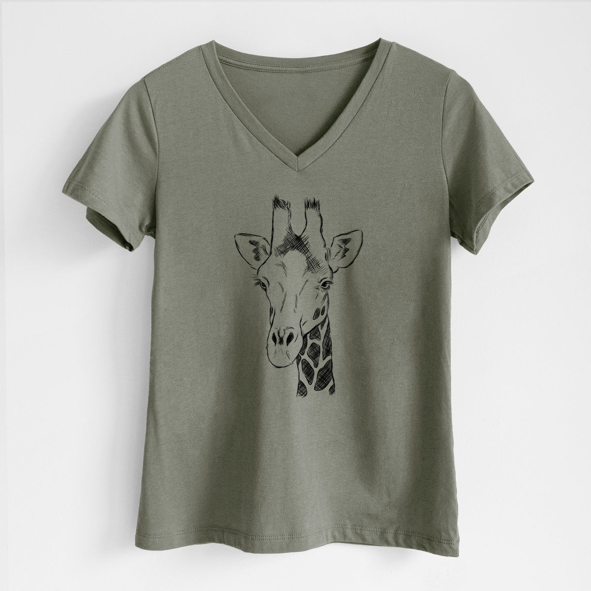 Military green women's relaxed fit cotton V-neck t-shirt laid flat, printed with a black ink portrait of a southern giraffe's head and neck.