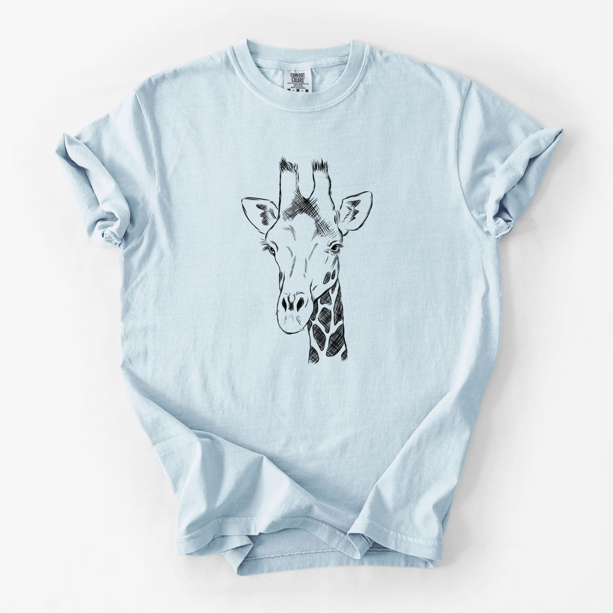 Chambray blue Comfort Colors t-shirt laid flat, printed with a black ink portrait of a southern giraffe's head and neck.