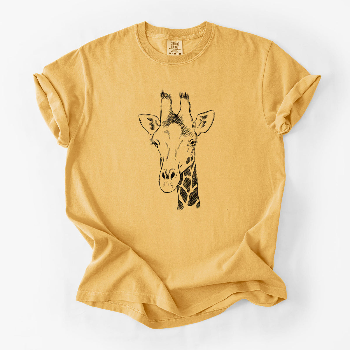 Golden wheat yellow Comfort Colors t-shirt laid flat, printed with a black ink portrait of a southern giraffe's head and neck.
