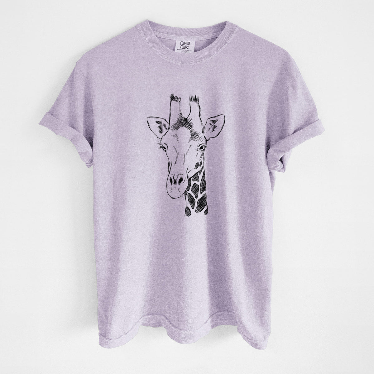 Orchid purple Comfort Colors t-shirt laid flat, printed with a black ink portrait of a southern giraffe's head and neck.