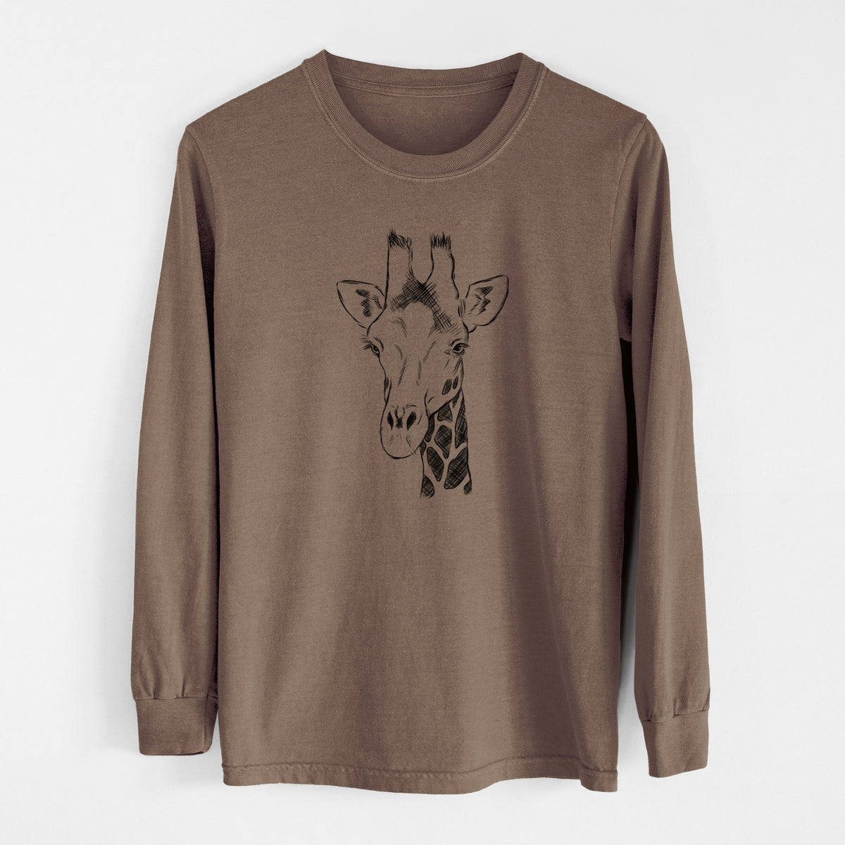 Espresso brown Comfort Colors long sleeve shirt laid flat, printed with a black ink portrait of a southern giraffe's head and neck.