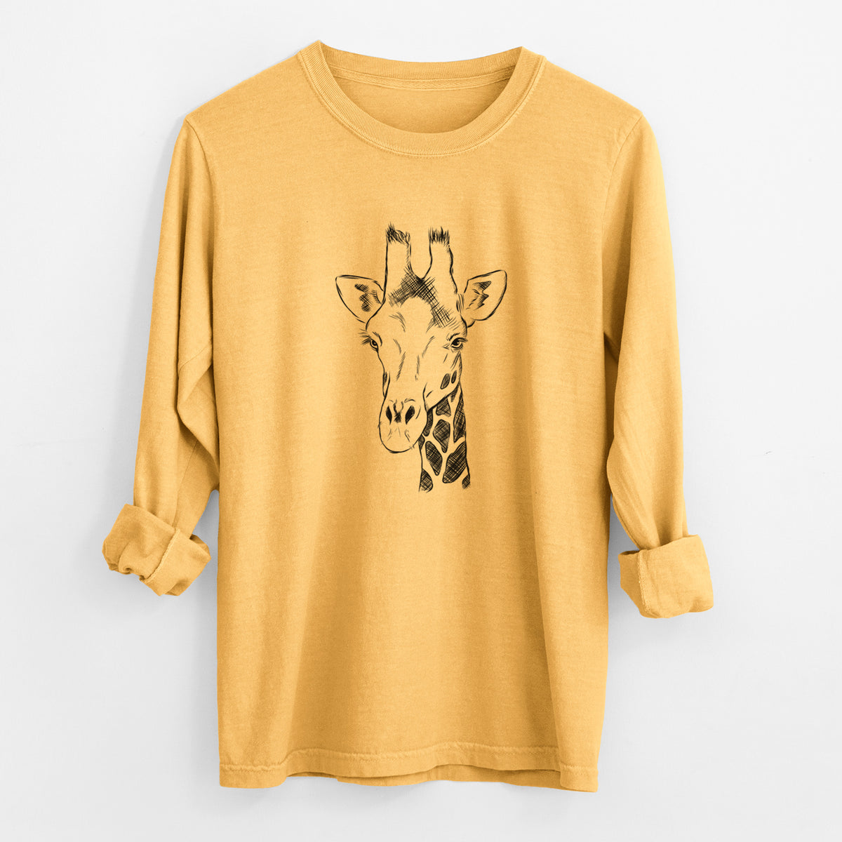 Golden wheat yellow Comfort Colors long sleeve shirt laid flat with the cuffs rolled, printed with a black ink portrait of a southern giraffe's head and neck.