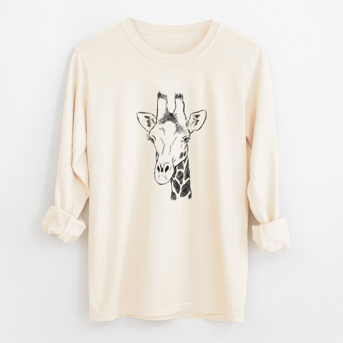 Ivory Comfort Colors long sleeve shirt laid flat with the cuffs rolled, printed with a black ink portrait of a southern giraffe's head and neck.