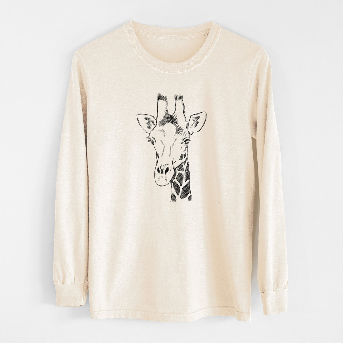 Ivory Comfort Colors long sleeve shirt laid flat, printed with a black ink portrait of a southern giraffe's head and neck.