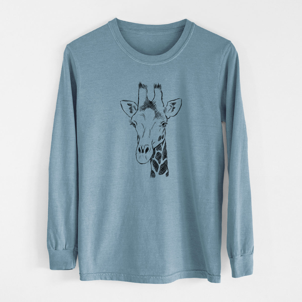 Steel blue Comfort Colors long sleeve shirt laid flat, printed with a black ink portrait of a southern giraffe's head and neck.