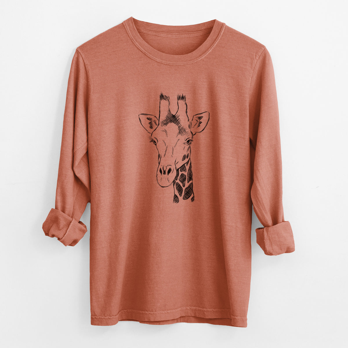 Yam burnt orange Comfort Colors long sleeve shirt laid flat with the cuffs rolled, printed with a black ink portrait of a southern giraffe's head and neck.