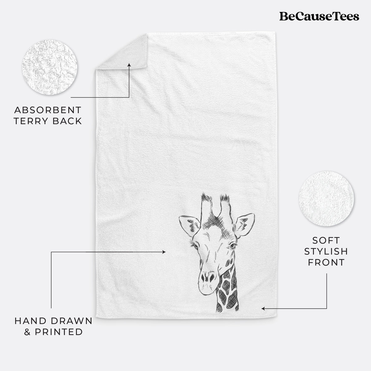 White hand towel printed with a black ink portrait of a southern giraffe's head and neck.